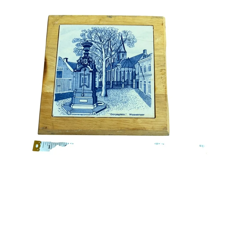 Vintage Delft Blue Handpainted Holland Tile Dorpsplein Wassenaar Wooden Frame 7